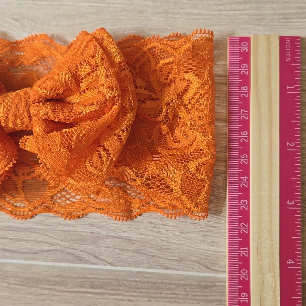 Set of 2 Wide Lace Bow Headbands Orange & Red Stretch Hairband Handmade Bundle